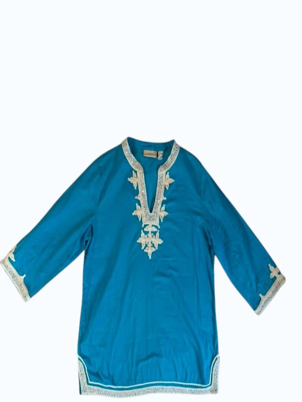 Chico's Women's Tunic Top Size 1 Blue Embroidered Cotton Boho NWT No Tags.